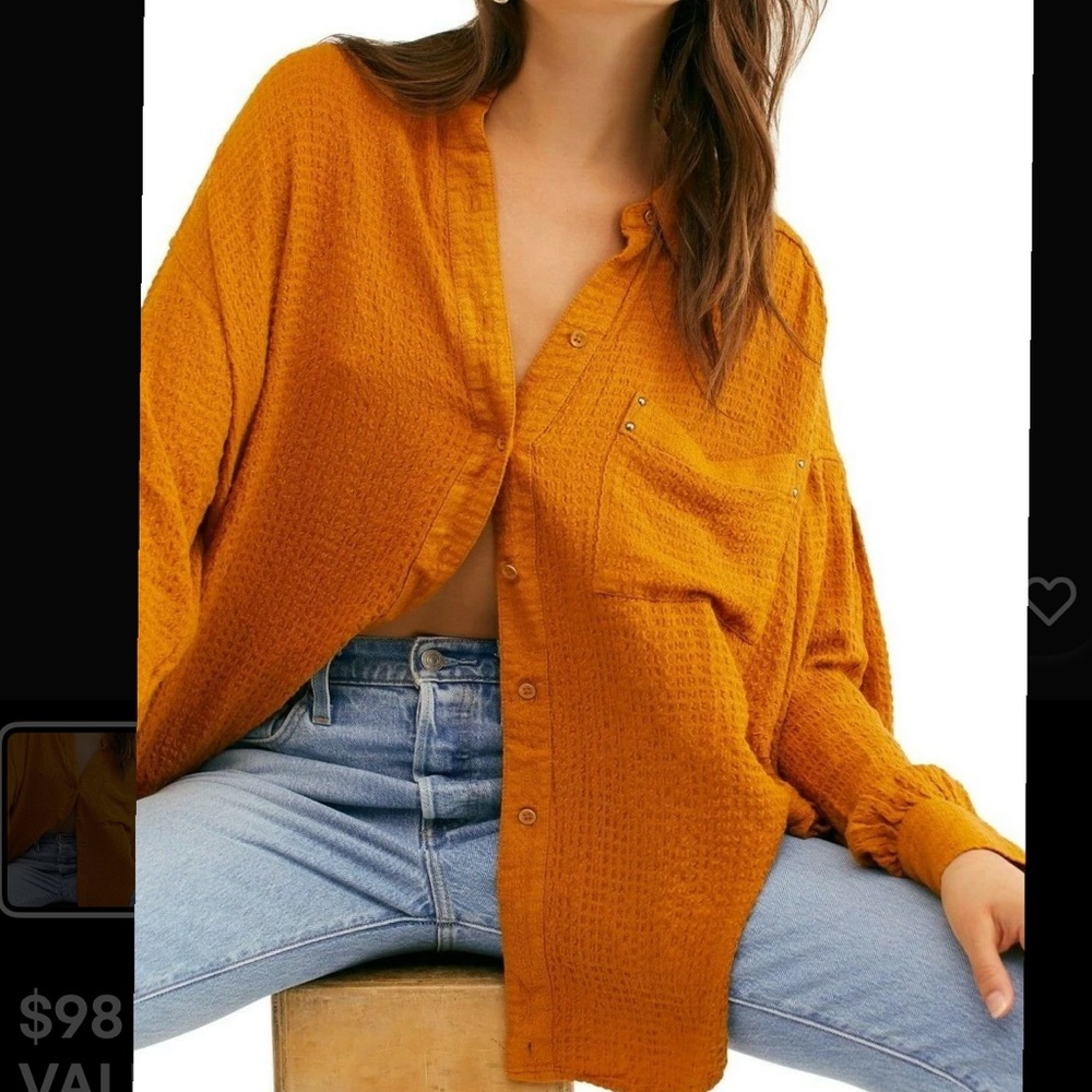 We The Free People Solid Hidden Valley Goldenrod Button-Down Waffle Shirt Size S